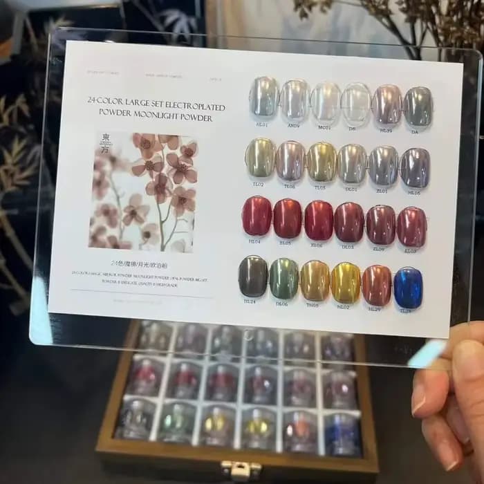 Ensemble de poudre miroir pour nail art rouge 24 couleurs avec cartes de couleurs et boîte de rangem