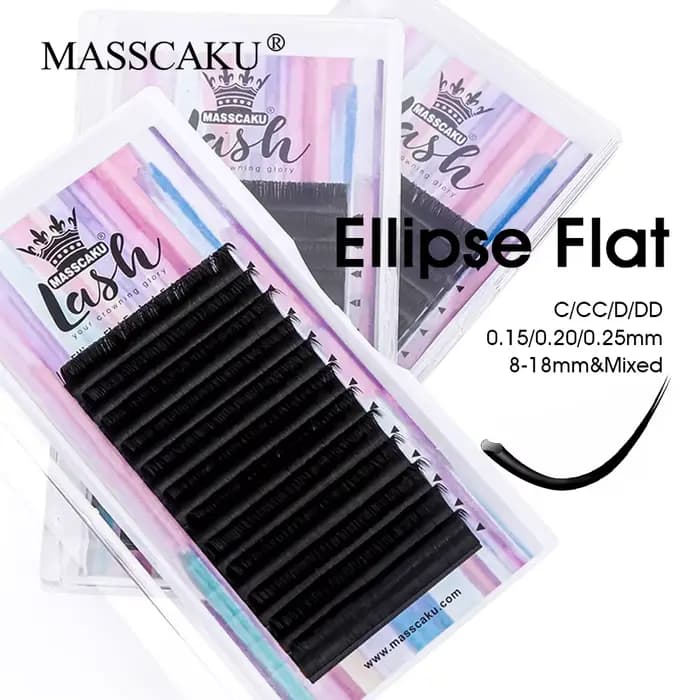 MASSCAKU Faux cils de vison Ellipse Extension de cils plats C/D Curl 0.15 0.20 0.25mm 8-18mm et méla