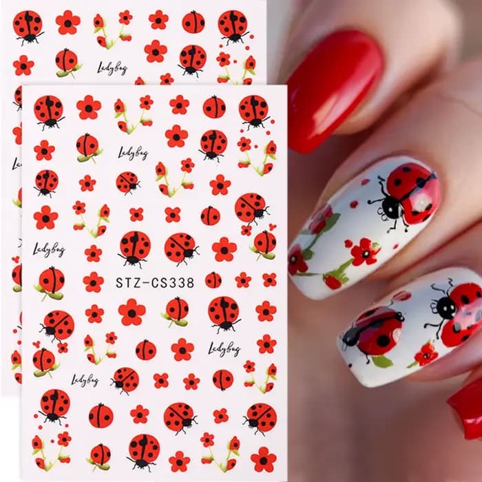 Autocollants pour ongles coccinelle de dessin animé 3D, 2 pièces, pétales rouges d'insecte mignons, 