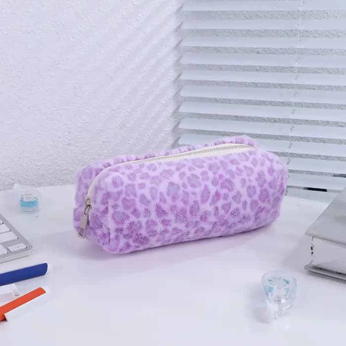 Sac à stylos en peluche douce, motif imprimé léopard, sac de rangement de papeterie de grande capaci