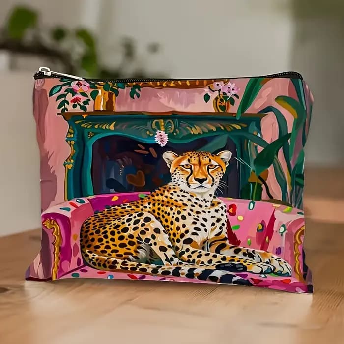 Un sac de maquillage vibrant imprimé léopard – Pochette multifonctionnelle à fermeture éclair pour f