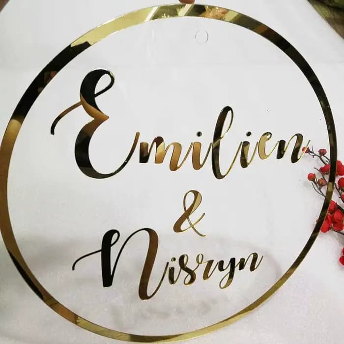 Panneau mural miroir doré personnalisé, style cerceau, cercle avec nom, personnalisé, Mr & Mrs, acce