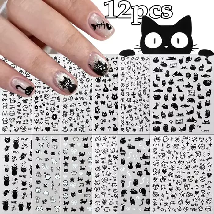 Ensemble d'autocollants pour ongles chat noir, 12 feuilles, dessin animé, Action Multiple, Kawaii, c
