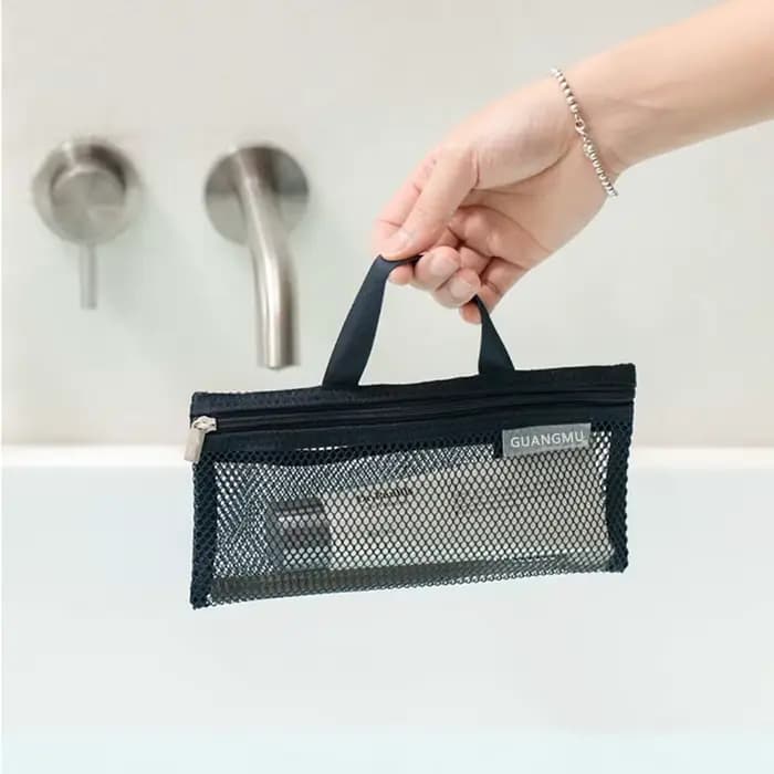 Sac de toilette de voyage pliable beige ultra-léger avec design ajouré en maille et poche à cordon p
