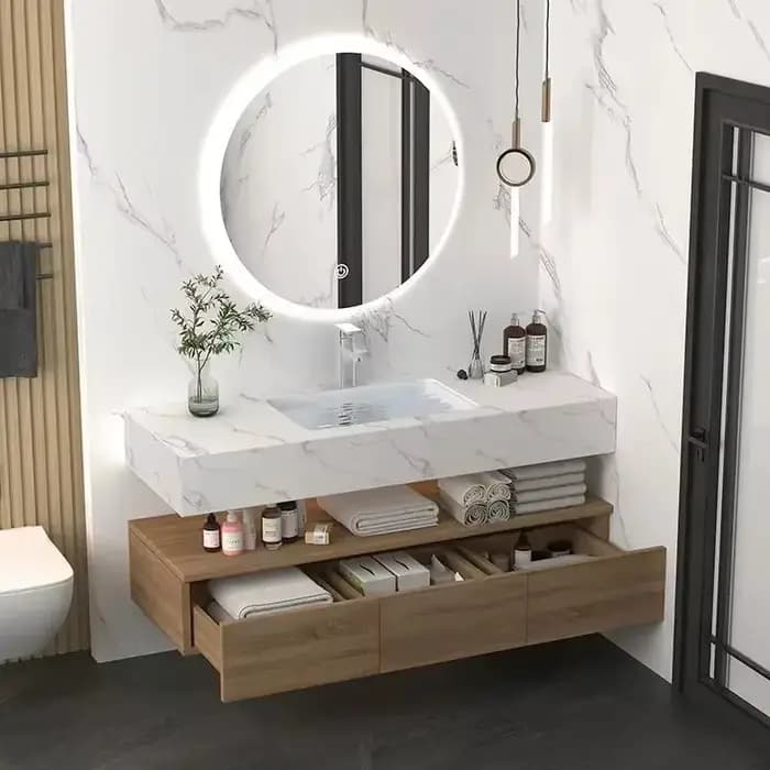 Miroir de salle de bain en chêne avec ensemble d'armoire, support mural, vanité de bain de 60 pouces