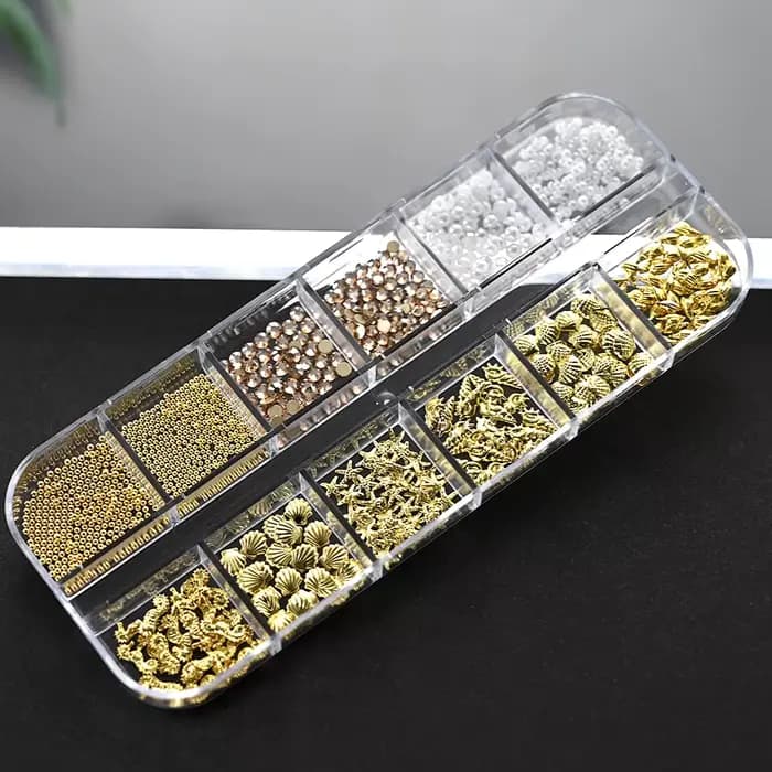 12 grilles 3D or océan Rivet breloques pour ongles mixte hippocampe/étoile de mer/perle de conque/Mi