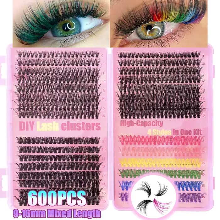 Extensions de grappes de cils colorées, 600 pièces, mélange de cils individuels de 9 à 16mm, outil d