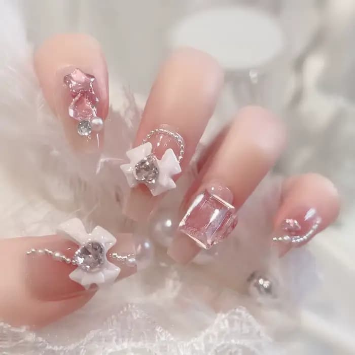 24 pièces faux ongles mi-longs 3D fleur perle conçoit couleur rose chair presse sur ongles ballerine