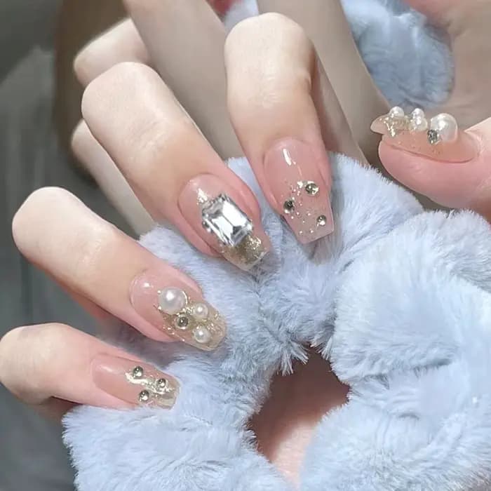 24 pièces faux ongles mi-longs 3D fleur perle conçoit couleur rose chair presse sur ongles ballerine