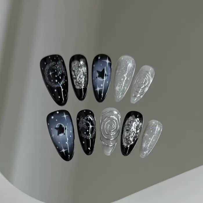 Faux ongles à pression faits à la main Y2k, ciel étoilé, amande, détachables, portables, doux et fra