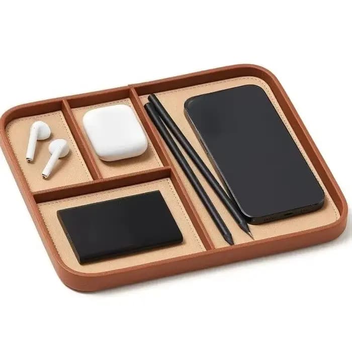 Plateau de rangement en cuir, organiseur de bureau ou de chevet pour téléphone, montre, clés, bijoux
