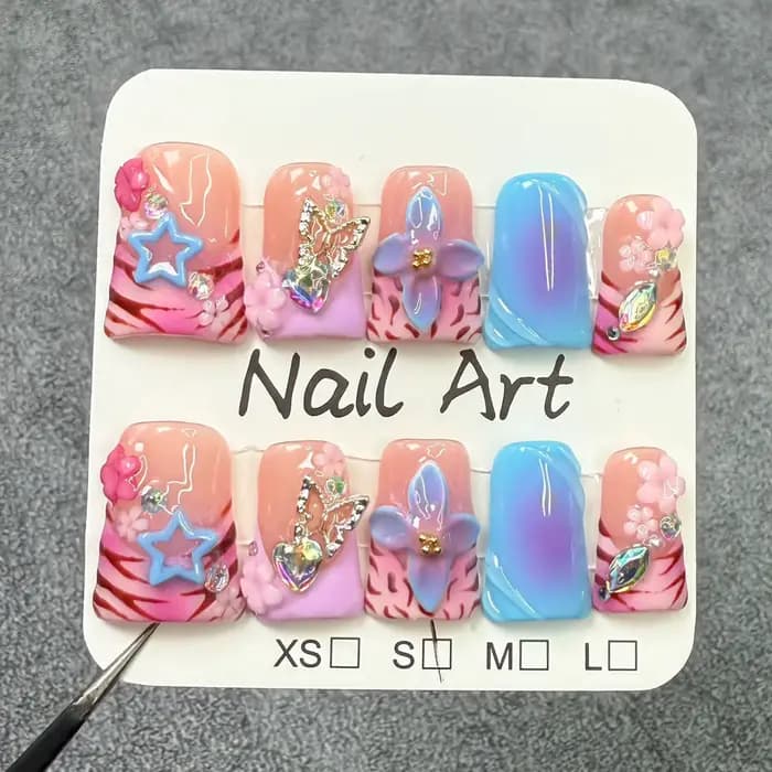 Faux ongles français faits à la main en forme de bec de canard, à pression, imprimé léopard coloré, 