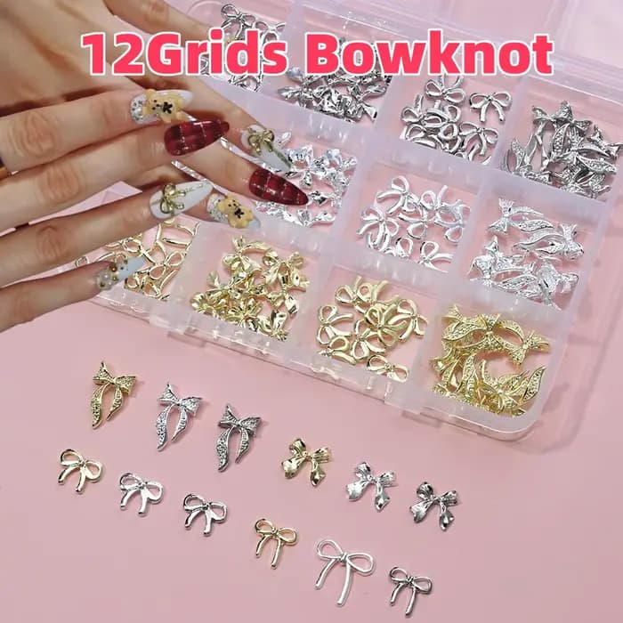96/50 pièces 3D nœud papillon/ruban métal Nail Art breloques argent/or alliage arcs ongles strass dé