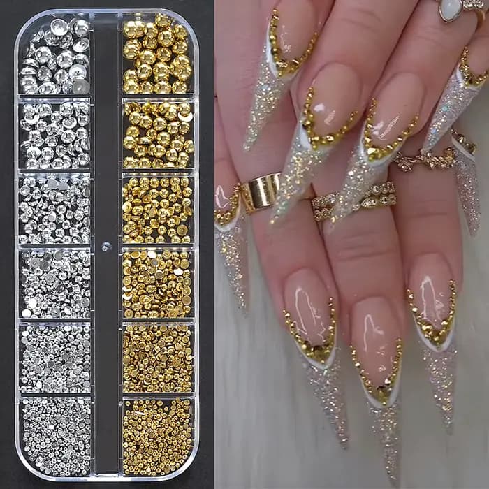1 boîte de strass demi-ronds à dos plat pour ongles, multi-tailles, perles métalliques or et argent,
