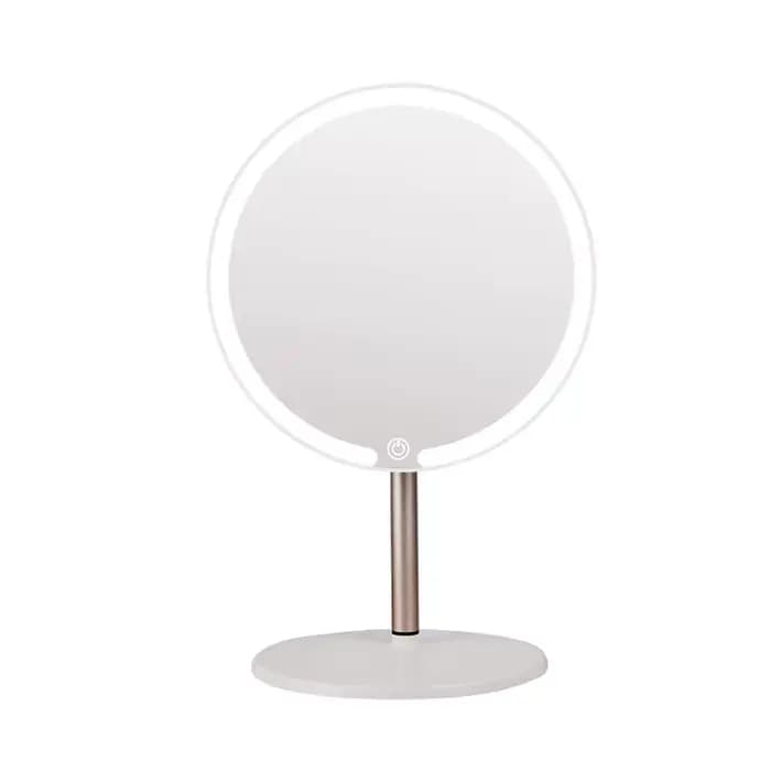 Miroir de maquillage rond LED, miroir de bureau avec métal léger, petit cadeau, vente en gros, 2026