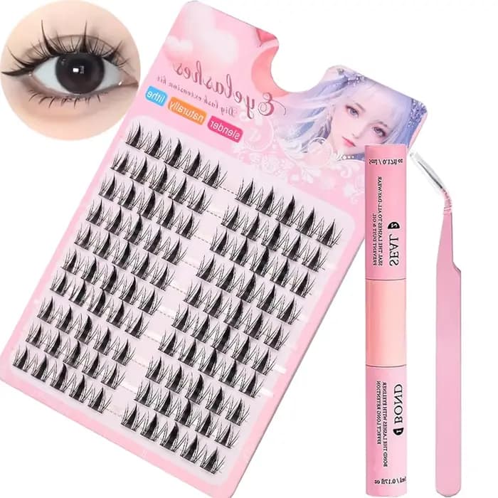 Kit de Faux Cils avec Adhésif et Scellant, Exquis, Noir, Anime, Naturel, ociamique, DIY, Longueur 10