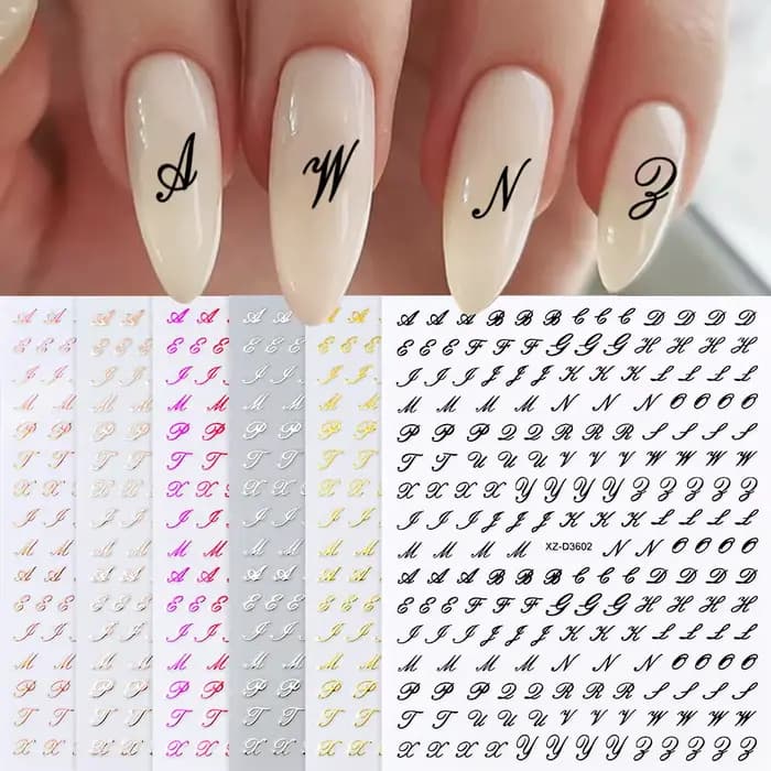 Autocollants pour ongles avec lettres romaines 3D, 1 pièce, or/argent/noir/Laser Alphabet, décalcoma