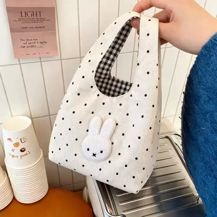 Sac de maquillage Kawaii Miffy, sac à main mignon Milfi à pois brodés, sac de rangement léger et pol