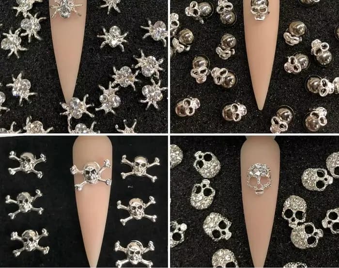 Breloque en métal pour Nail Art, crâne, araignée, croix, squelette, croix argentée, strass, croix 3D