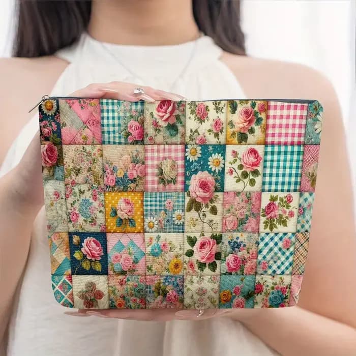 Pochette à maquillage 1 pièce en lin artistique patchwork rose pour hommes et femmes, portable et pl
