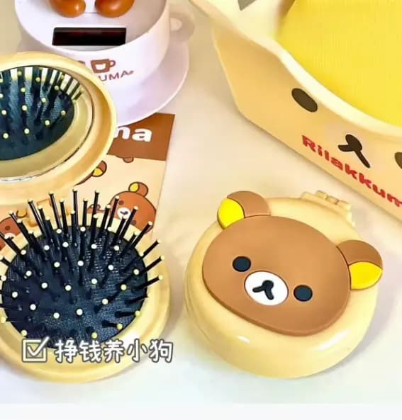 Rilakkuma Mini Miroir Portable Pliant avec Peigne pour Filles et Femmes, Brosse à Cheveux de Voyage 