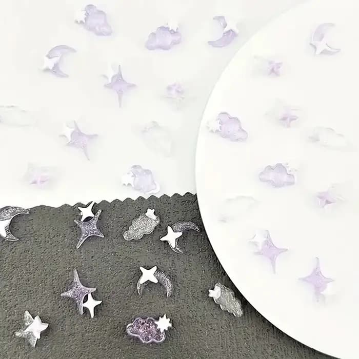 50pcs violet mélangé 3D lune nuage étoile breloques pour ongles en vrac Kawaii Lumionus Mini nuage d