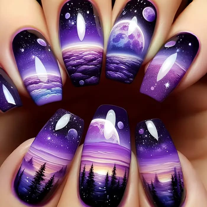 Faux Ongles Mi-Longs à la Mode, Papillon, Plume, Forêt, Vague de Mer, Dégradé, Bleu, Violet, Vert, P