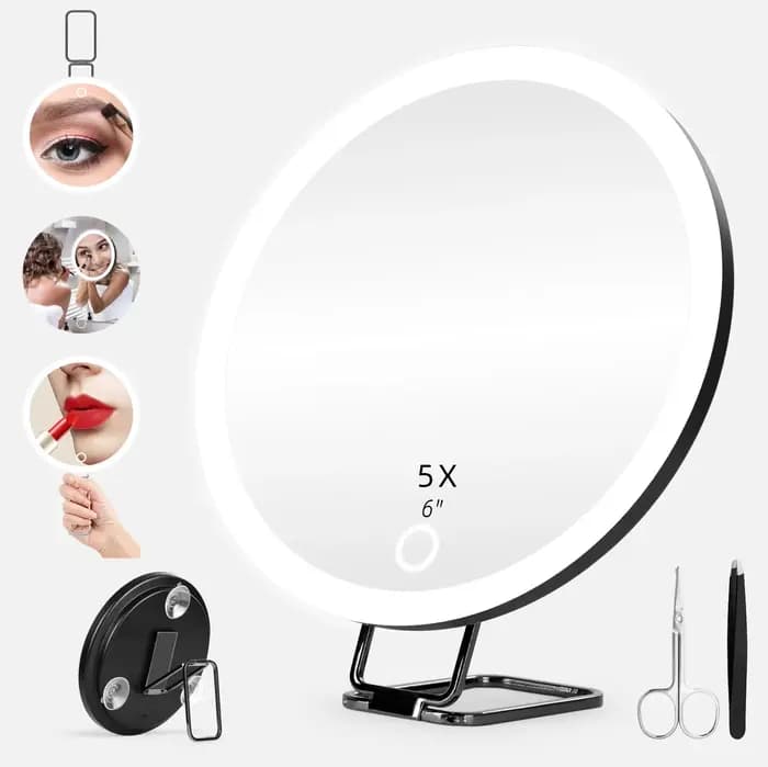 Miroir grossissant portable avec lumière, loupe de voyage, support réglable à 360 °, ventouse, 5-30X