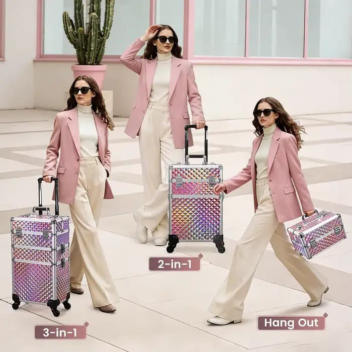 Valise de maquillage professionnelle 3 en 1 en aluminium avec roulettes, chariot de maquillage, vali