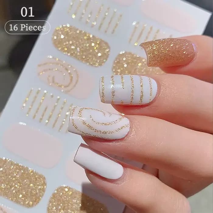 Autocollants pour ongles sans cuisson, Design à paillettes roses, Style français, couleur unie, couv
