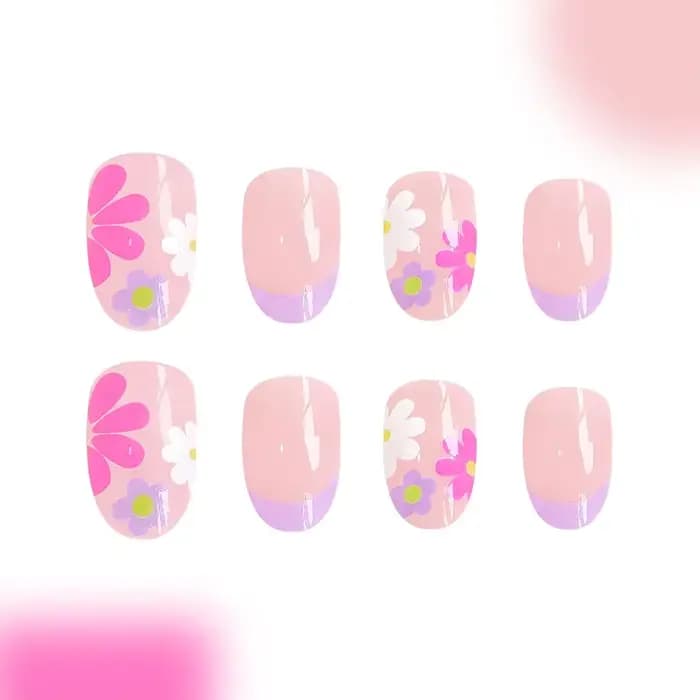 Faux ongles courts à pression en amande, 24 pièces, pointe française florale rose, brillants et élég