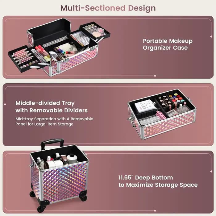 Valise de maquillage professionnelle 3 en 1 en aluminium avec roulettes, chariot de maquillage, vali