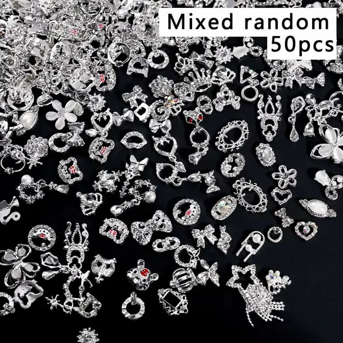 Breloques pour ongles en métal, nœud papillon/couronne en argent 3D, avec pendentif pompon, papillon