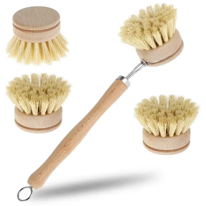 Brosse à vaisselle de cuisine à Long manche, brosse en bois avec 4 têtes de brosse de rechange, outi