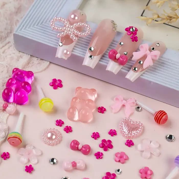 12 grilles mélangées de couleurs 3D, nœud en résine, perle, cœur, dos plat, diamant, décoration Nail