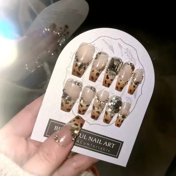 24 pièces automne motif léopard faux ongles conseils brillant grand cristal français portable presse