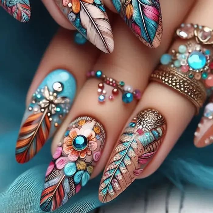 24 pièces fleur couverture complète Nail Art longue amande faux ongles avec poudre brillante dorée c