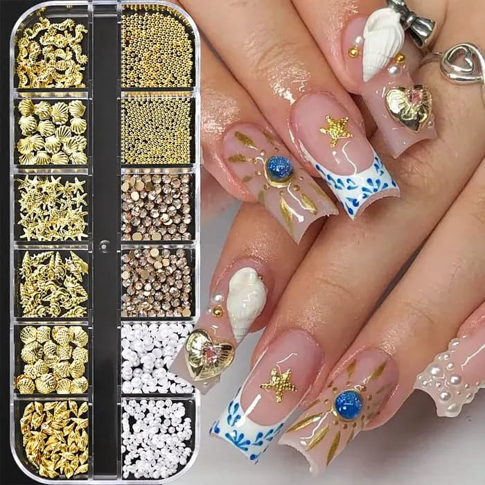 12 grilles 3D or océan Rivet breloques pour ongles mixte hippocampe/étoile de mer/perle de conque/Mi