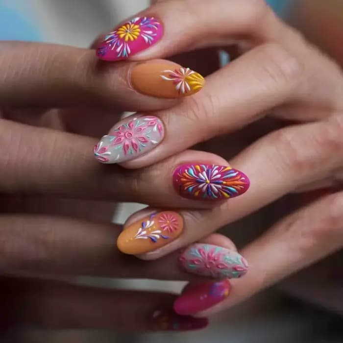 24 faux ongles en amande mi-longs avec motif à carreaux coloré, à presser, effet Dopamine, couvrance