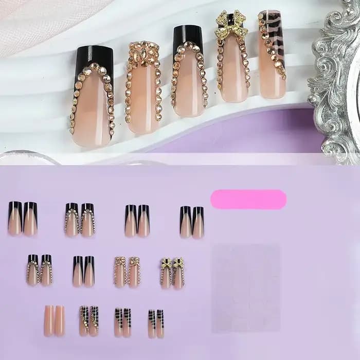 24 pièces noir français presse sur faux ongles diamants arc conception faux ongles élégant paillette