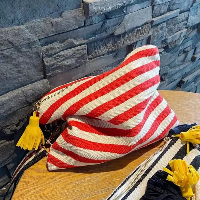Trousse à cosmétiques pour femmes, trousse de maquillage rayée, organisateur coréen à pompon, pochet