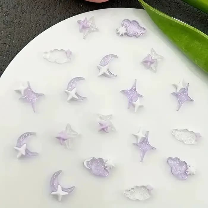 50pcs violet mélangé 3D lune nuage étoile breloques pour ongles en vrac Kawaii Lumionus Mini nuage d