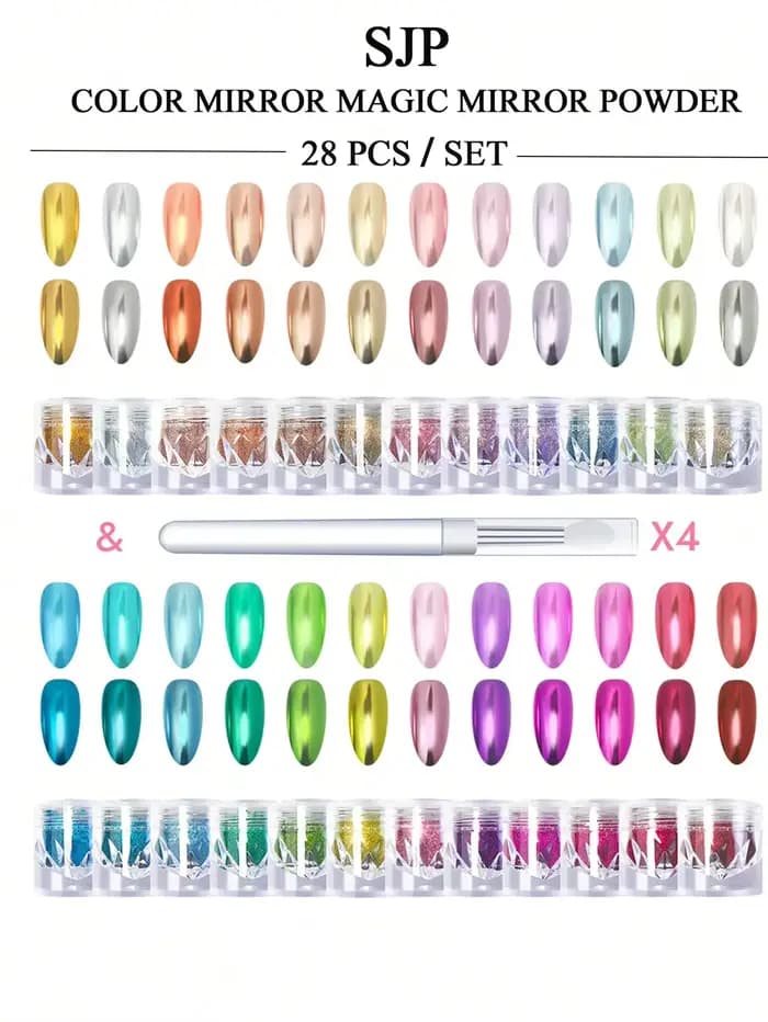 28 pièces/ensemble poudre à ongles chromée miroir magique/décoration à paillettes scintillantes/plaq