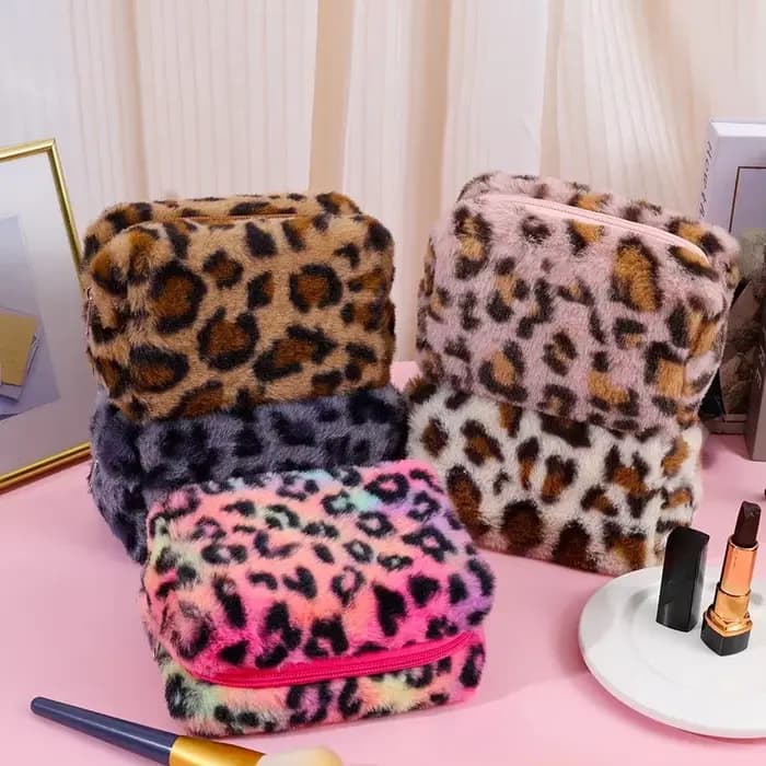 Sacs de maquillage en peluche léopard pour femmes, sac à cosmétiques de voyage souple, étui de range