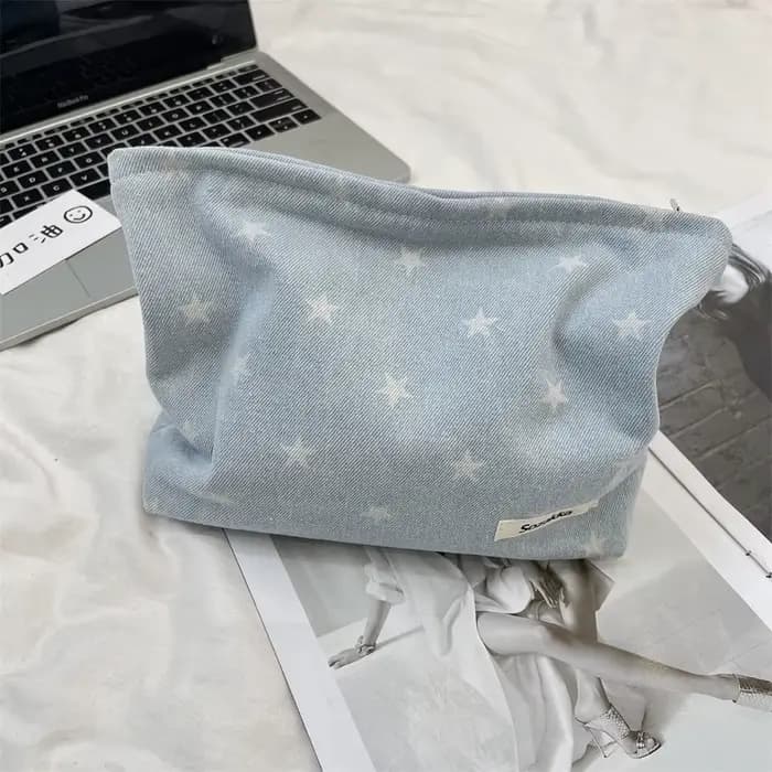 Sac de maquillage imprimé étoile avec nœud pour femmes et filles, sac à cosmétiques de grande capaci