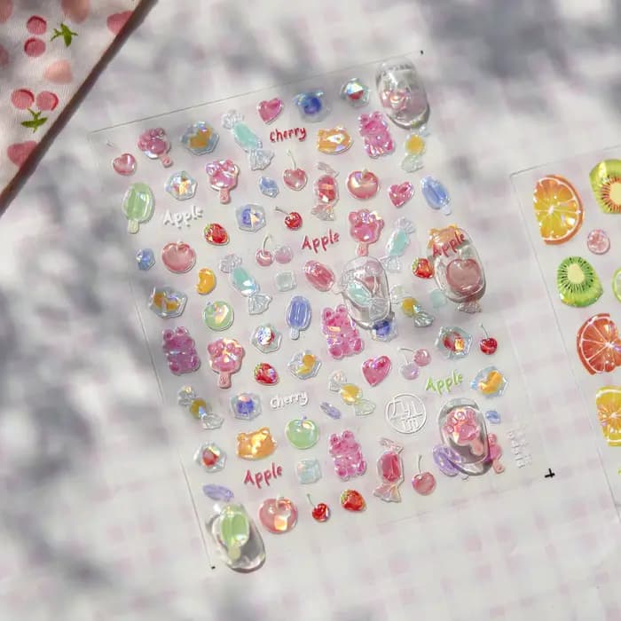 Autocollants pour ongles colorés en gelée de citron 5D, Fruits sucrés, dessin animé Calw Bear Candy,