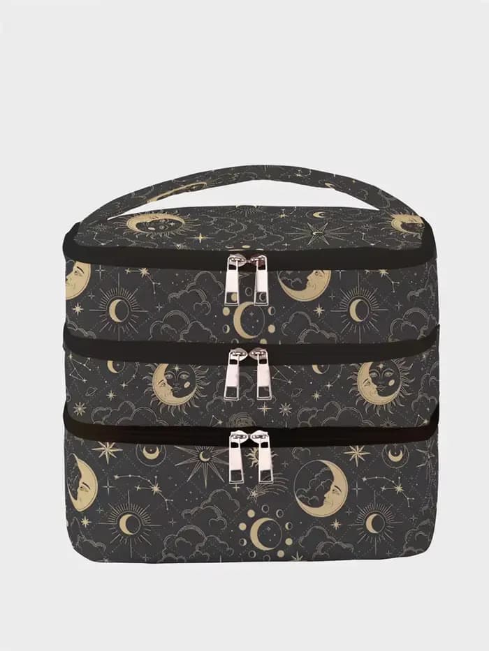 1 pièce, sac à cosmétiques à 3 couches à motif de lune et d'étoile, sac de gestion de maquillage mul