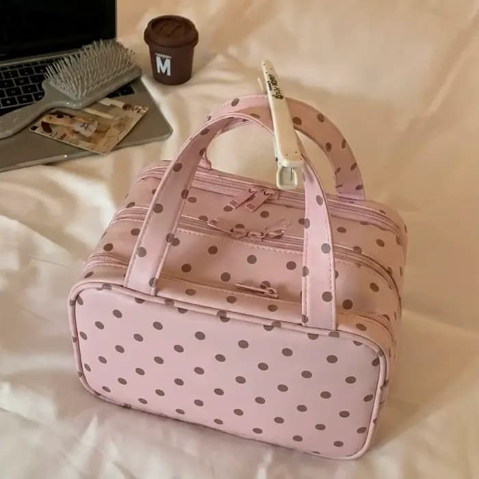 Sac de maquillage à pois pour femmes, grande capacité, 3 compartiments, organiseur de voyage pour pr
