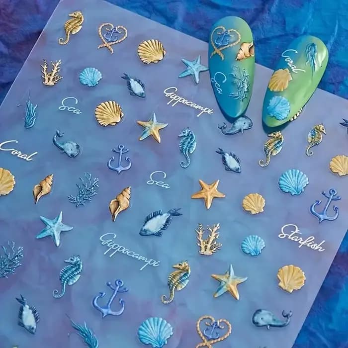 Autocollants 5D pour les ongles, décalcomanies pour manucure, motifs océan, été, étoile de mer, coqu
