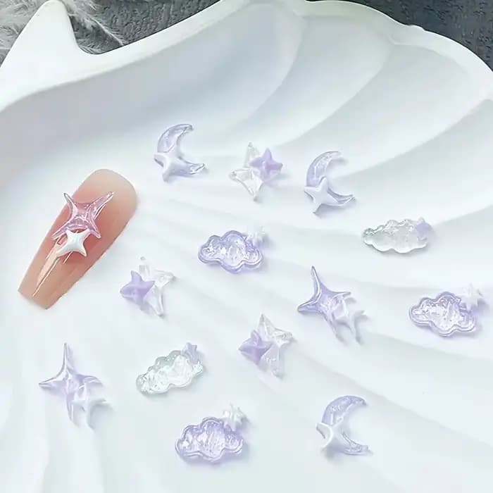50pcs violet mélangé 3D lune nuage étoile breloques pour ongles en vrac Kawaii Lumionus Mini nuage d